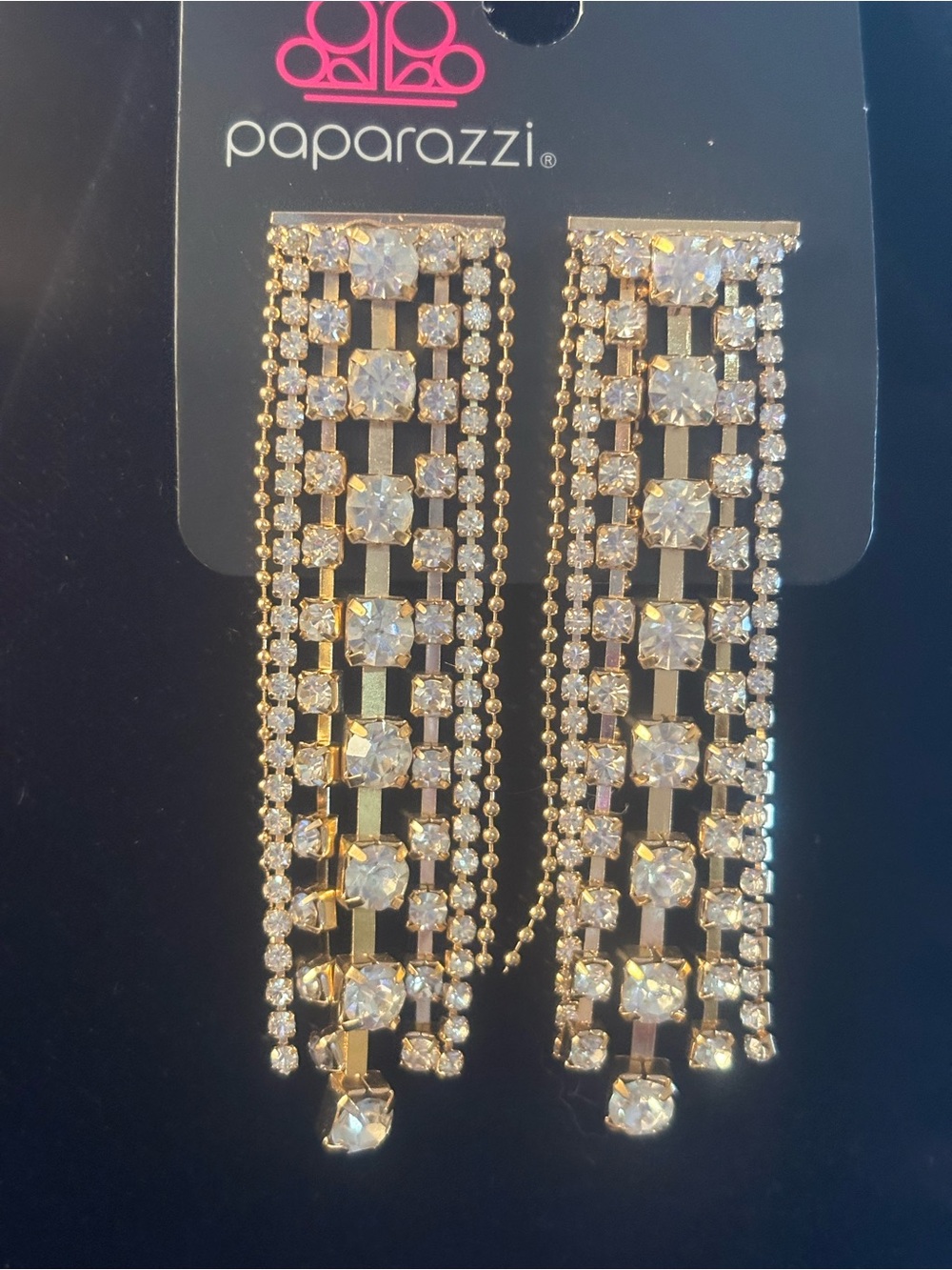 paparazzi Gold and Clear Crystal Long Fringe Drop Earrings